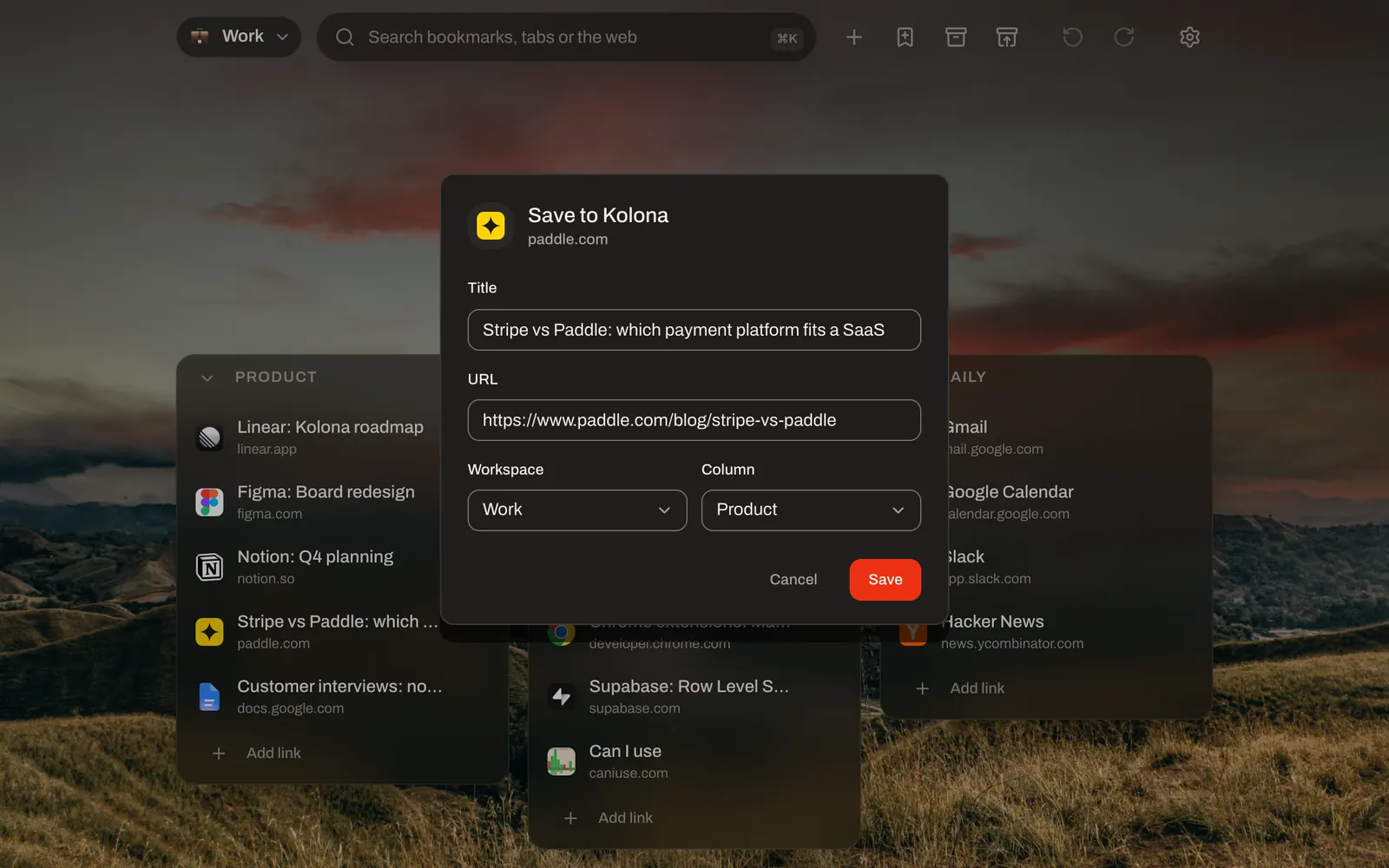 The Save to Kolona window open over a board, with a column picked for the current tab